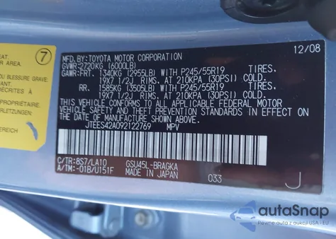 2009 Toyota Highlander Limited z USA, uszkodzony, nr VIN JTEES42A092122769